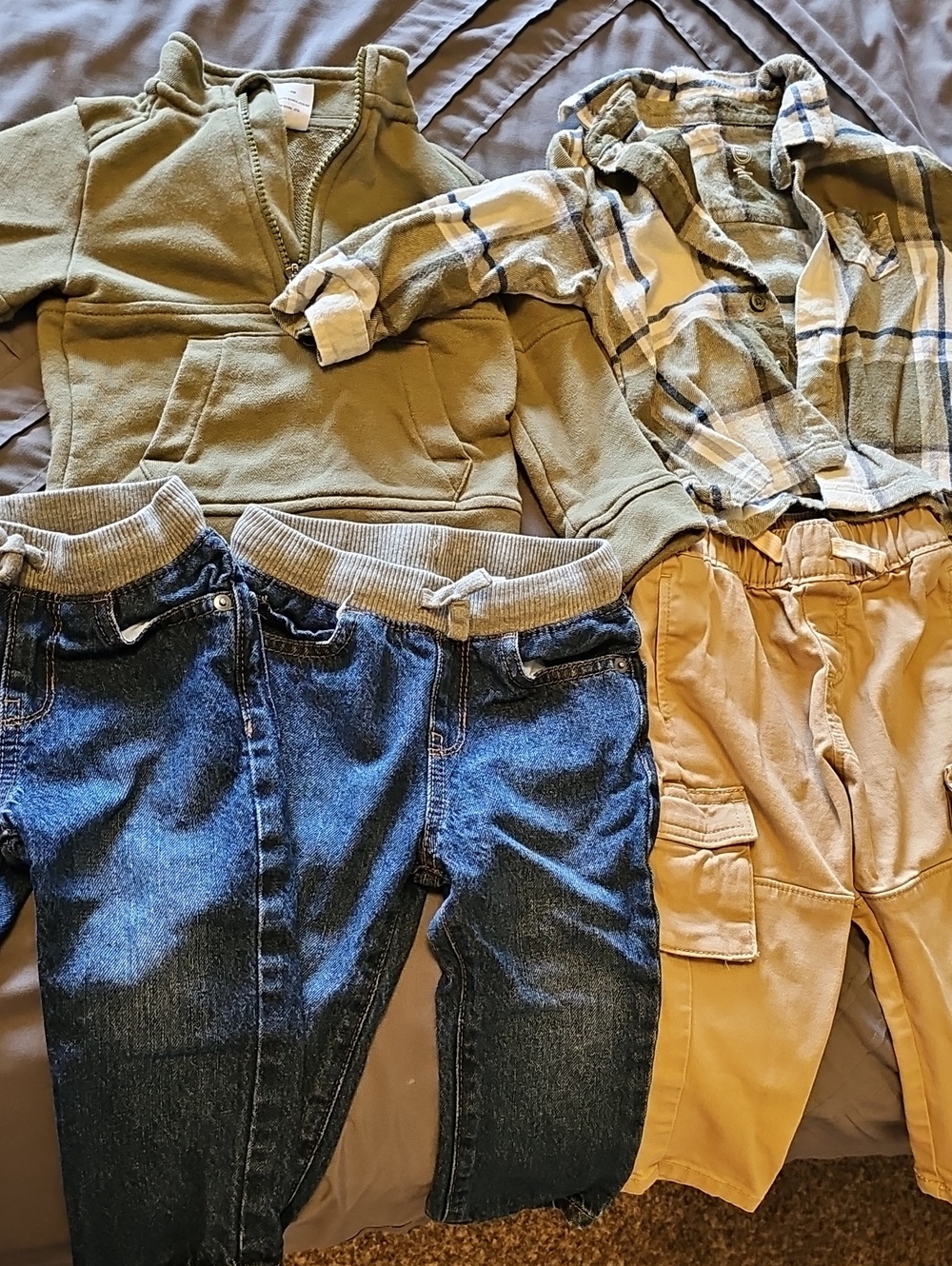 Olive Green Sweatshirt, Flannel, Blue Jeans & Cargo Pants